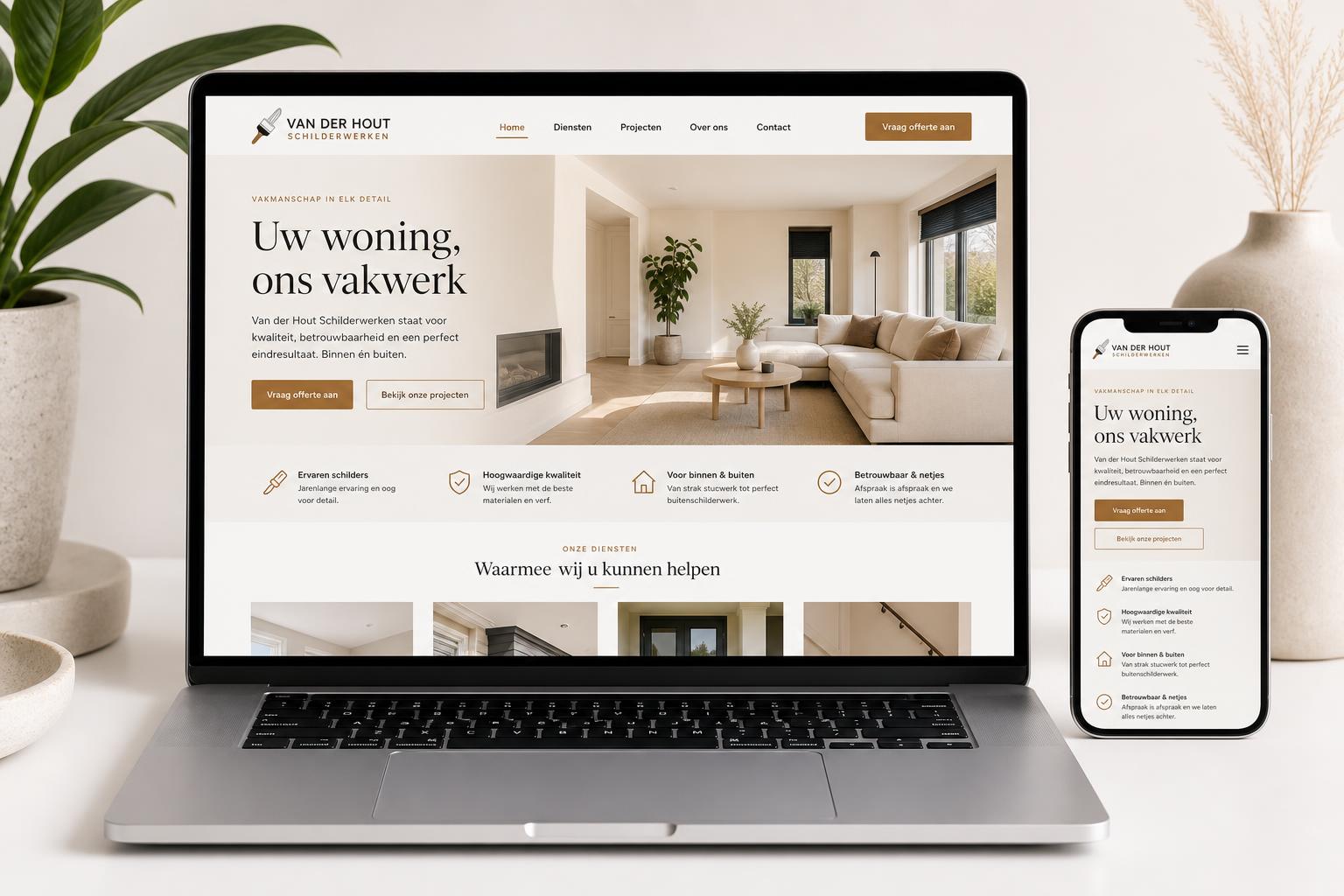 Voorbeeld van moderne website op laptop en mobiel